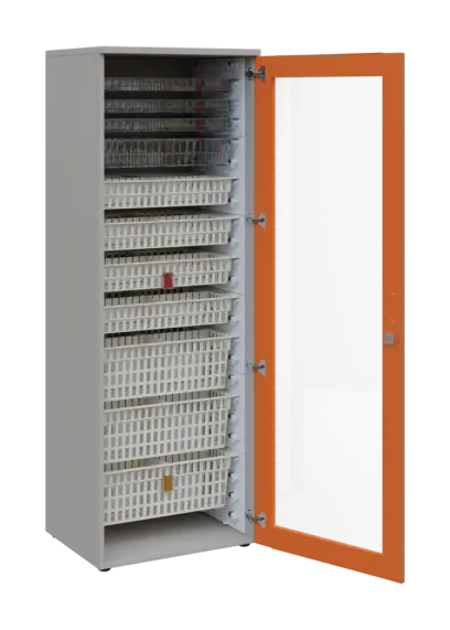 EUROMEDICA S - 66 skříň léková boxová, 1-dveřová/prosklená, pravá, 1950x660x535, korpus šedý, dvířka mandarinka